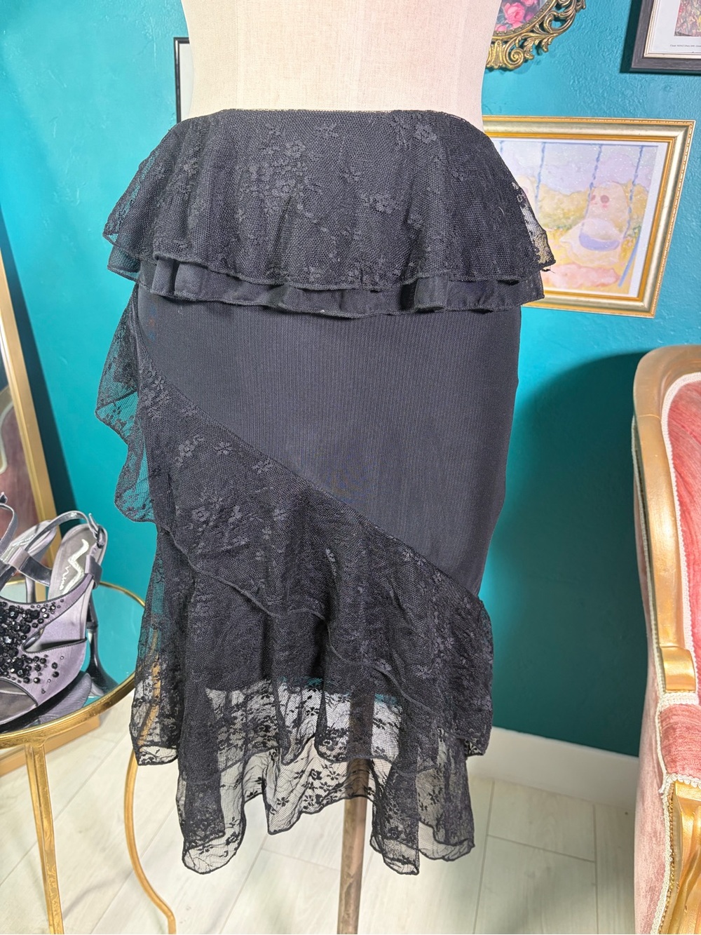 Tiger Mist Inayah Black Lace Asymmetrical Ruffle Midi Skirt NWT Size S